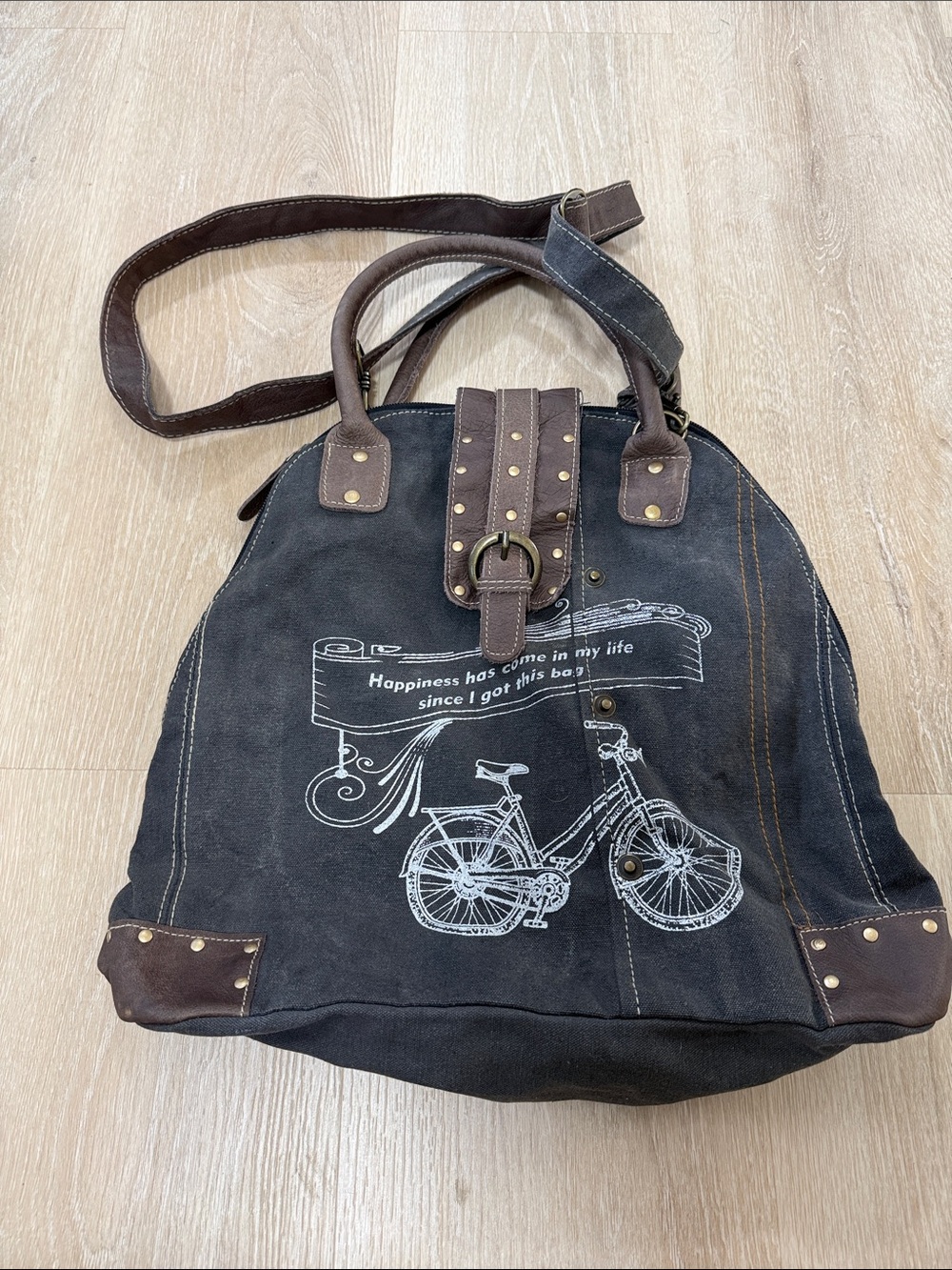 Myra Bag Dark Brown Canvas Messenger Bag with White Bicycle Print